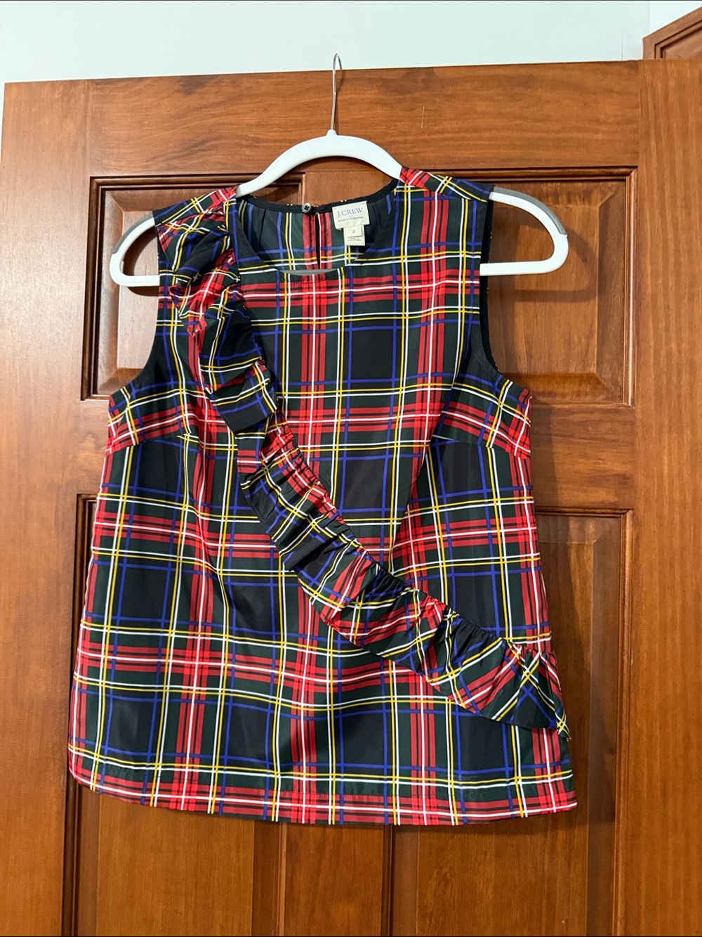 J. Crew Factory Navy, Red and Yellow Plaid Ruffle Sleeveless Top